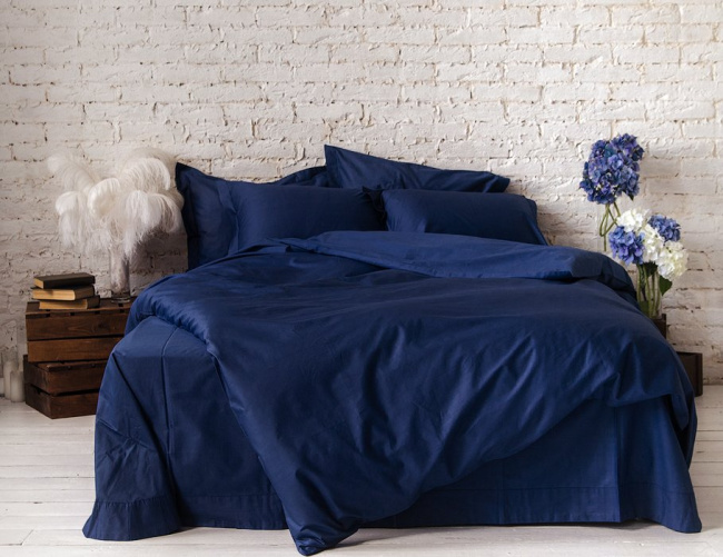 Комплект постельного белья ТМ Блакит сатин гладкокрашеный темно синий, 2-х сп  - фото